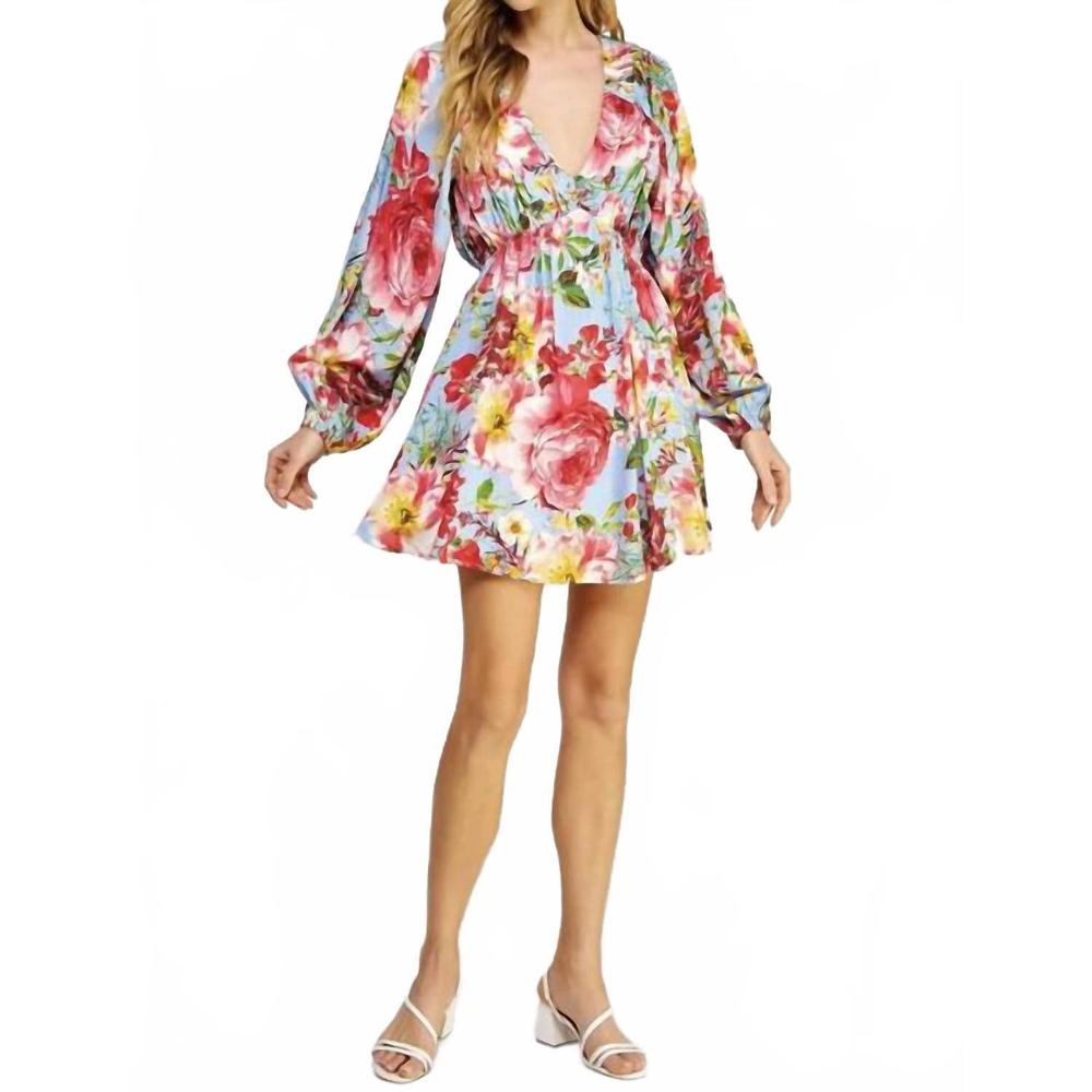 NEW STRUT & BOLT v-neck back tie closure mini dress in pink/ blue - Picture 4 of 4